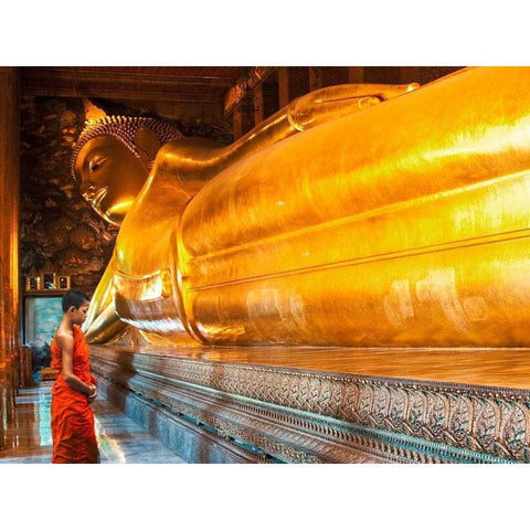 Praying the reclined Buddha, Wat Pho, Bangkok, Thailand White Modern Wood Framed Art Print by Pangea Images