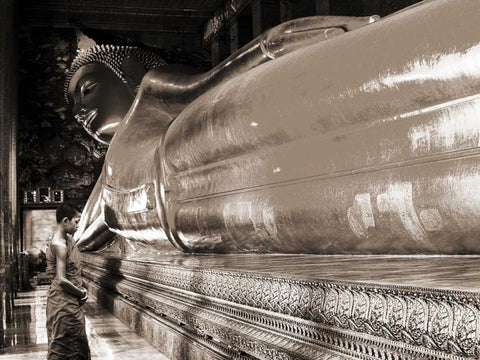 Praying the reclined Buddha, Wat Pho, Bangkok, Thailand (sepia) White Modern Wood Framed Art Print with Double Matting by Pangea Images