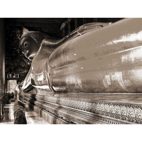 Praying the reclined Buddha, Wat Pho, Bangkok, Thailand (sepia) White Modern Wood Framed Art Print by Pangea Images