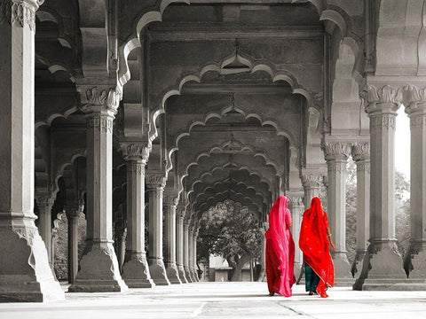 Women in traditional dress, India (BW) White Modern Wood Framed Art Print with Double Matting by Pangea Images