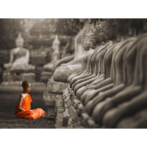 Young Buddhist Monk praying, Thailand (BW) Gold Ornate Wood Framed Art Print with Double Matting by Pangea Images