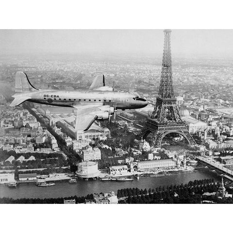 Airplane over Paris Black Modern Wood Framed Art Print with Double Matting by Anonymous