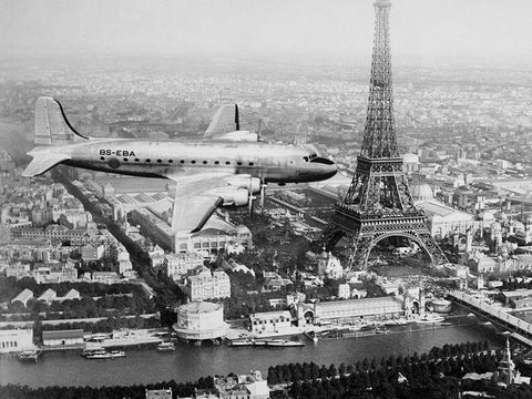 Airplane over Paris Black Ornate Wood Framed Art Print with Double Matting by Anonymous