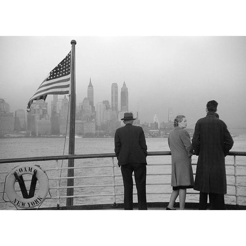 Lower Manhattan seen from the S.S. Coamo leaving New York Black Modern Wood Framed Art Print with Double Matting by Anonymous