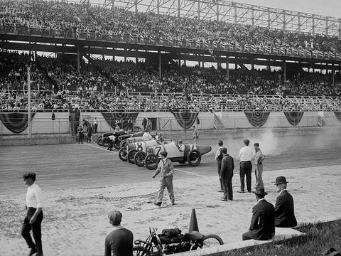Cars at the start line of the Sheepshead Bay Race Track, New York, 1918 White Modern Wood Framed Art Print with Double Matting by Anonymous