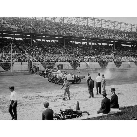 Cars at the start line of the Sheepshead Bay Race Track, New York, 1918 Black Modern Wood Framed Art Print with Double Matting by Anonymous