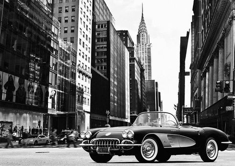 Roadster in NYC White Modern Wood Framed Art Print with Double Matting by Gasoline Images