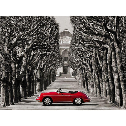 Roadster in tree lined road, Paris Black Modern Wood Framed Art Print by Gasoline Images