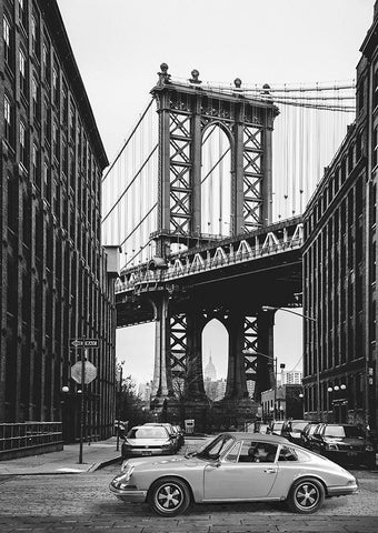 By the Manhattan Bridge - BW Black Ornate Wood Framed Art Print with Double Matting by Gasoline Images