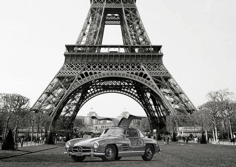 Roadster under the Eiffel Tower - BW Black Ornate Wood Framed Art Print with Double Matting by Gasoline Images