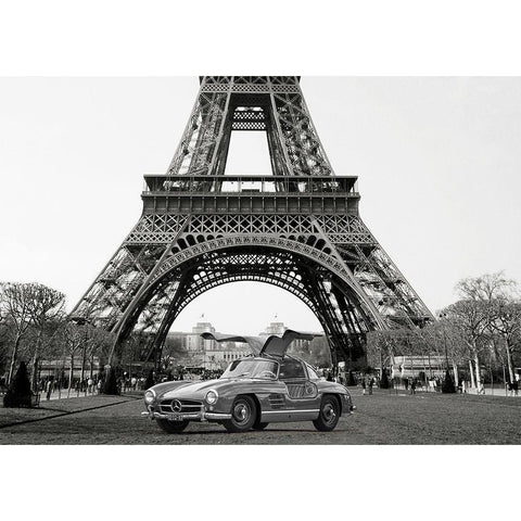 Roadster under the Eiffel Tower - BW Black Modern Wood Framed Art Print with Double Matting by Gasoline Images