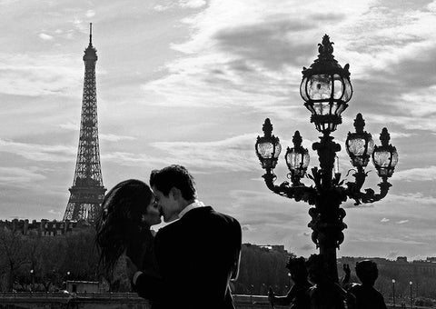 A Kiss in Paris White Modern Wood Framed Art Print with Double Matting by Lauren, Julian