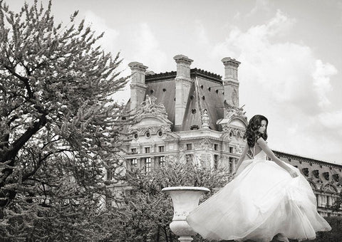 Young Woman at the Chateau de Chambord - BW White Modern Wood Framed Art Print with Double Matting by Haute Photo Collection