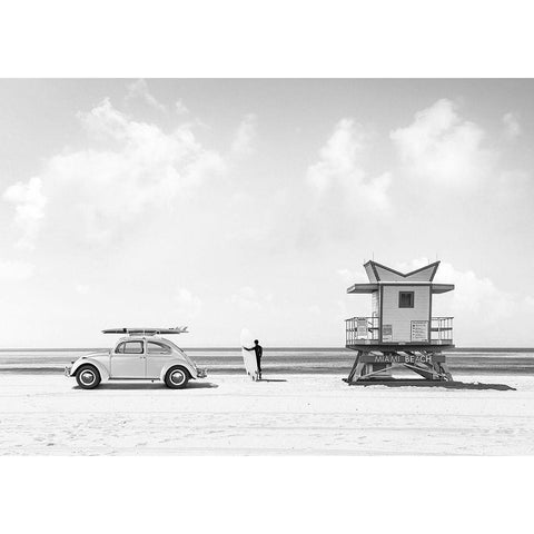 Waiting for the Waves-Miami Beach - BW White Modern Wood Framed Art Print by Gasoline Images