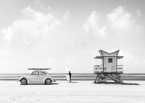 Waiting for the Waves-Miami Beach - BW Black Ornate Wood Framed Art Print with Double Matting by Gasoline Images