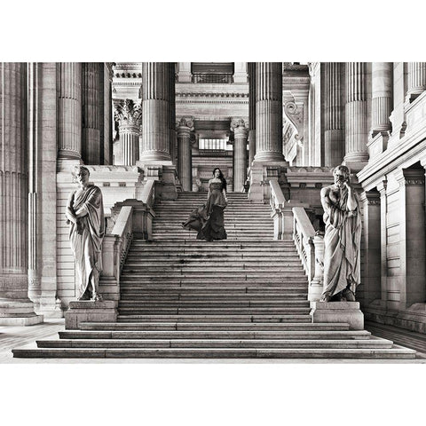 Dame a l escalier (BW) White Modern Wood Framed Art Print by Haute Photo Collection