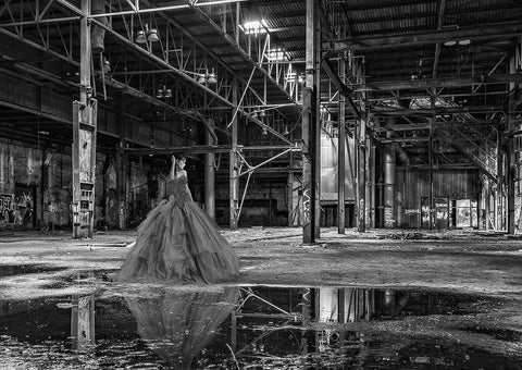 Unconventional Womenscape #8-The Factory (BW) White Modern Wood Framed Art Print with Double Matting by Lauren, Julian