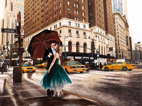 Kiss in Park Avenue White Modern Wood Framed Art Print with Double Matting by Benson, Pierre