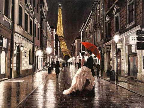 Kissing in Paris White Modern Wood Framed Art Print with Double Matting by Benson, Pierre