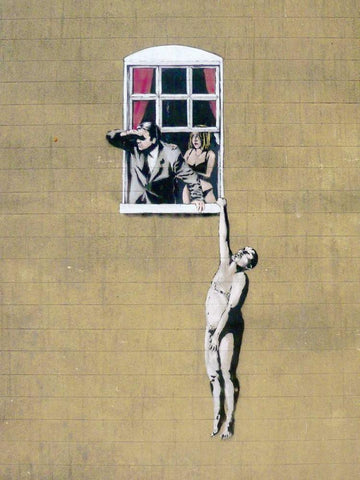 Park Street, Bristol (graffiti attributed to Banksy) White Modern Wood Framed Art Print with Double Matting by Anonymous (attributed to Banksy)