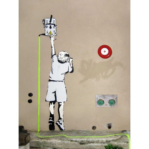 Boy â€“ North 6th Avenue, NYC (graffiti attributed to Banksy) White Modern Wood Framed Art Print by Anonymous (attributed to Banksy)