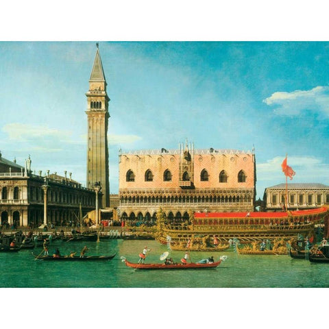 The Bucintoro at the Molo on Ascension Day White Modern Wood Framed Art Print by Canaletto