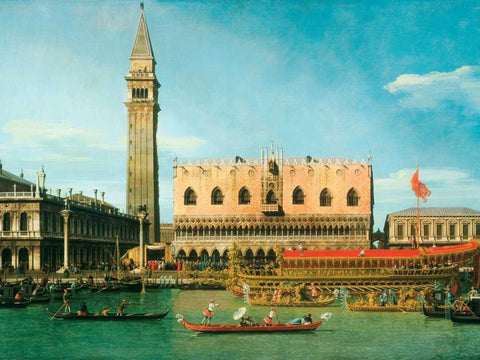 The Bucintoro at the Molo on Ascension Day White Modern Wood Framed Art Print with Double Matting by Canaletto