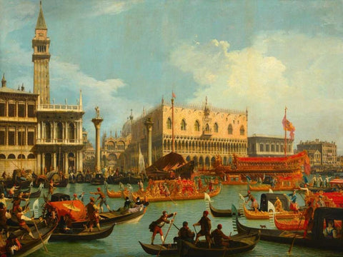 Il ritorno del Bucintoro al molo davanti a Palazzo Ducale White Modern Wood Framed Art Print with Double Matting by Canaletto