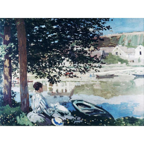 On the Seine at Bennecourt White Modern Wood Framed Art Print by Monet, Claude
