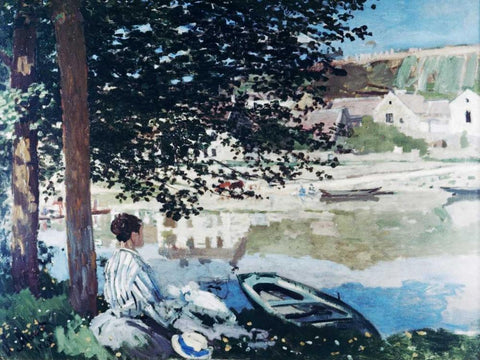On the Seine at Bennecourt Black Ornate Wood Framed Art Print with Double Matting by Monet, Claude