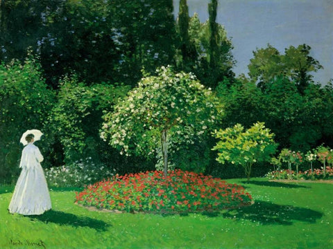 Young Woman in a Garden White Modern Wood Framed Art Print with Double Matting by Monet, Claude