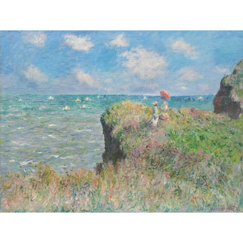 Cliff Walk at Pourville Gold Ornate Wood Framed Art Print with Double Matting by Monet, Claude