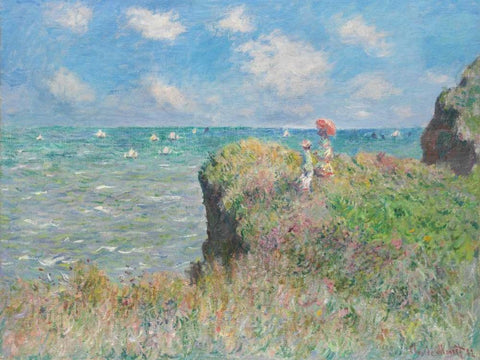 Cliff Walk at Pourville White Modern Wood Framed Art Print with Double Matting by Monet, Claude