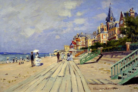 Plage de Trouville White Modern Wood Framed Art Print with Double Matting by Monet, Claude