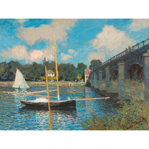 The bridge at Argenteuil White Modern Wood Framed Art Print by Monet, Claude