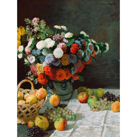 Still life with flowers and fruit White Modern Wood Framed Art Print by Monet, Claude