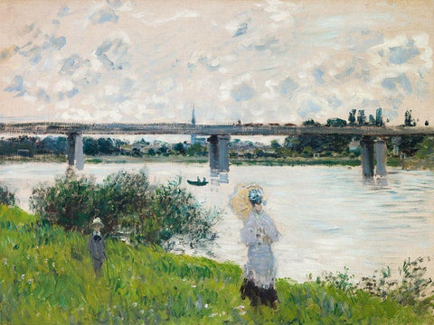 The Promenade with the Railroad Bridge- Argenteuil White Modern Wood Framed Art Print with Double Matting by Monet, Claude