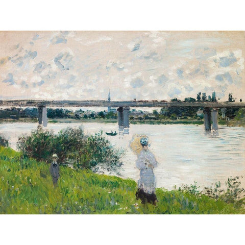 The Promenade with the Railroad Bridge- Argenteuil White Modern Wood Framed Art Print by Monet, Claude