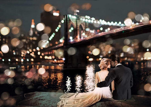 Kissing in a NY Night White Modern Wood Framed Art Print with Double Matting by Loumer, Dianne