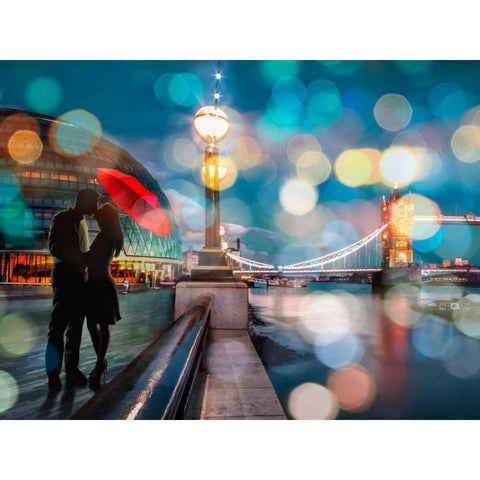 Kissing in London (detail) Gold Ornate Wood Framed Art Print with Double Matting by Loumer, Dianne