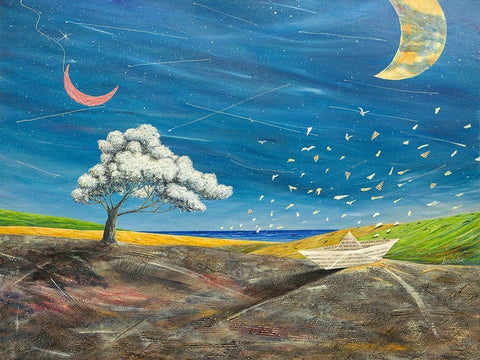 La grande luna sta lÃ¬ a guardare White Modern Wood Framed Art Print with Double Matting by Larotonda, Donato