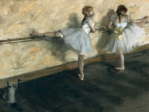 Dancers Practicing at the Barre White Modern Wood Framed Art Print with Double Matting by Degas, Edgar