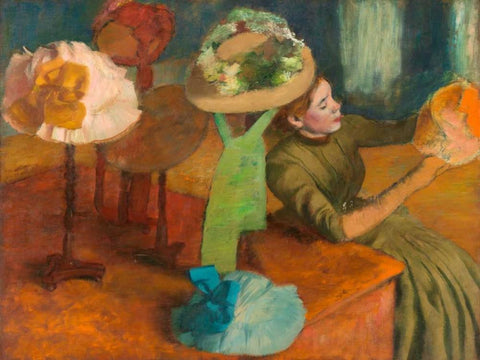 The Millinery Shop White Modern Wood Framed Art Print with Double Matting by Degas, Edgar