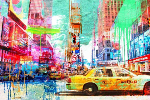 Taxis in Times Square 2.0 White Modern Wood Framed Art Print with Double Matting by Chestier, Eric
