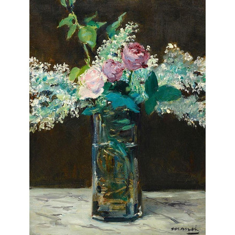 Vase of White Lilacs and Rose Gold Ornate Wood Framed Art Print with Double Matting by Manet, Edouard