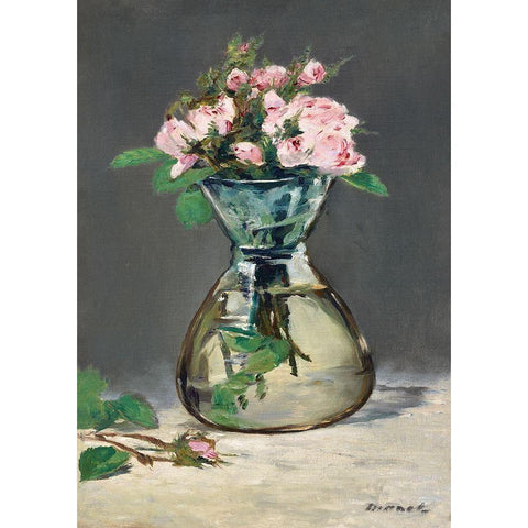 Moss Roses in a Vase Black Modern Wood Framed Art Print with Double Matting by Manet, Edouard