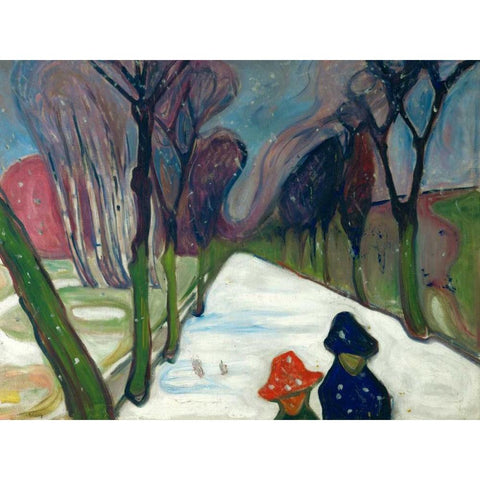 Avenue in the Snow Black Modern Wood Framed Art Print with Double Matting by Munch, Edvard