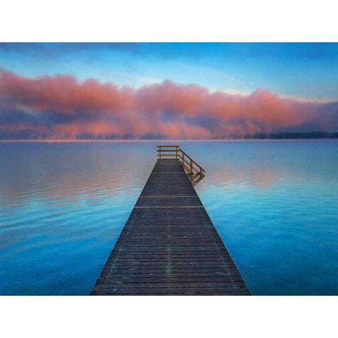Boat ramp and fog bench, Bavaria, Germany White Modern Wood Framed Art Print by Krahmer, Frank