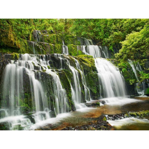 Waterfall Purakaunui Falls, New Zealand Gold Ornate Wood Framed Art Print with Double Matting by Krahmer, Frank