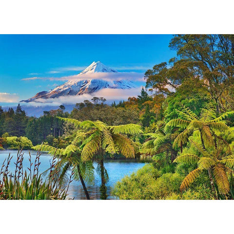 Taranaki Mountain and Lake Mangamahoe- New Zealand Gold Ornate Wood Framed Art Print with Double Matting by Krahmer, Frank